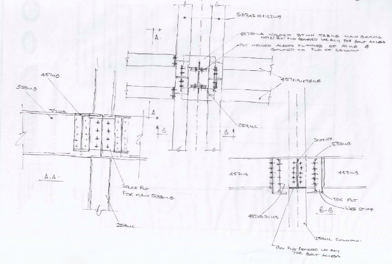 Hand annotated steel connection detail drawing with sections and notes