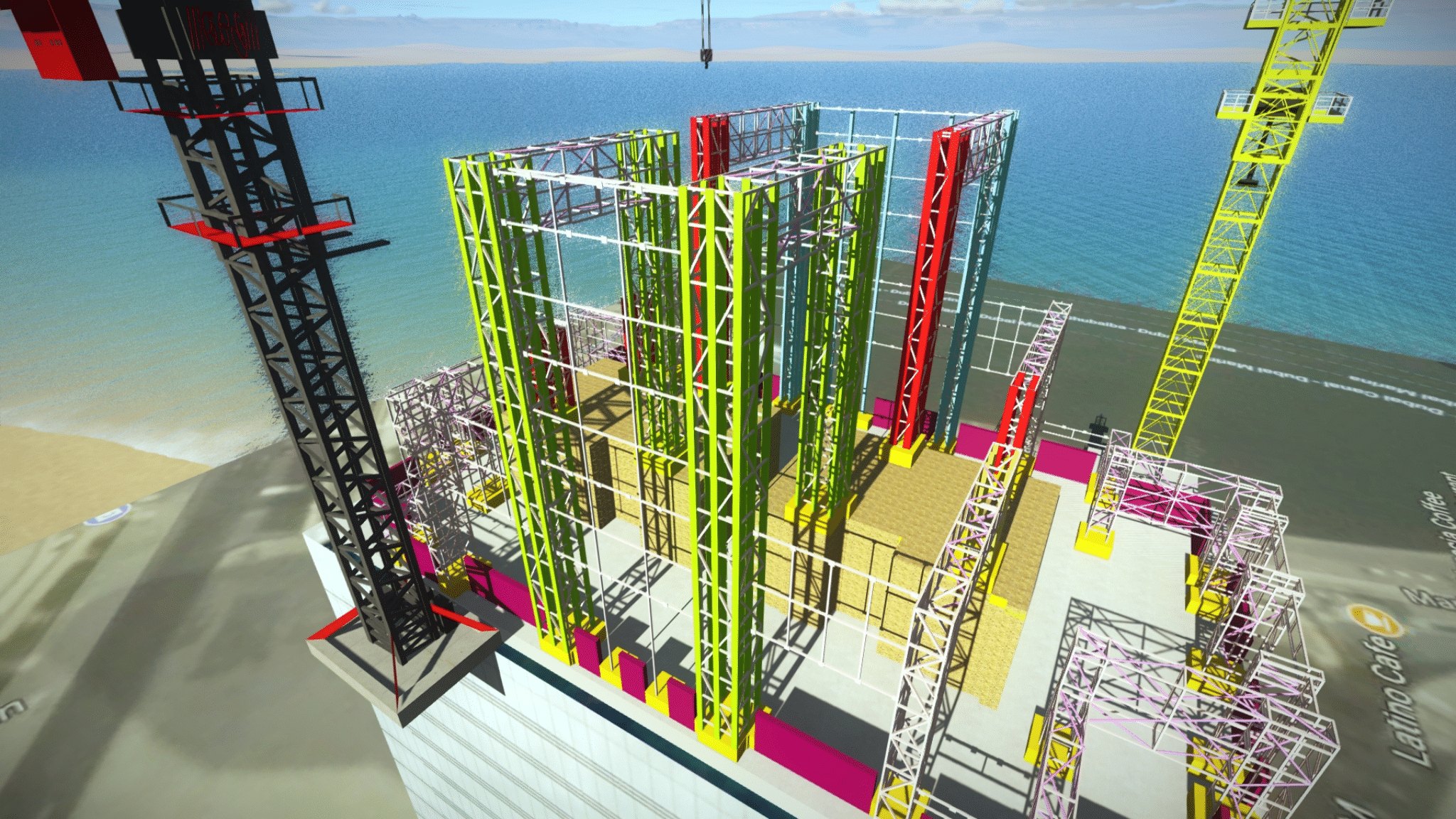 Colour-coded formwork and temporary works model of a high-rise core, with two tower cranes, on a coastal site