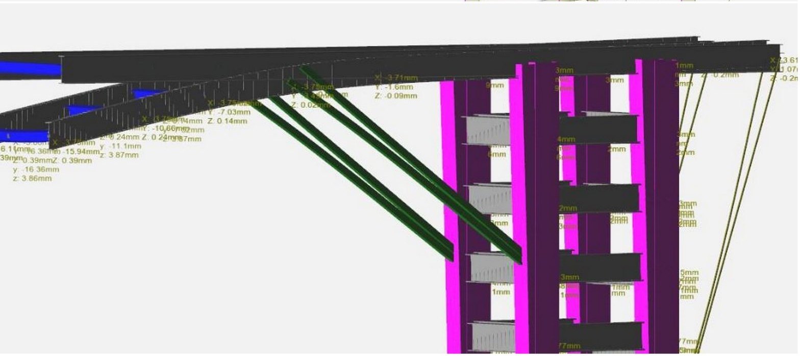 Deflection model of a structure with values annotated in millimetres