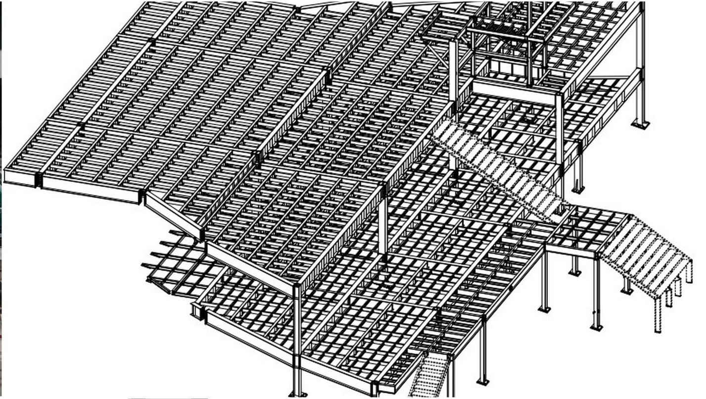 Three dimensional line model of steel floor framing with a stair